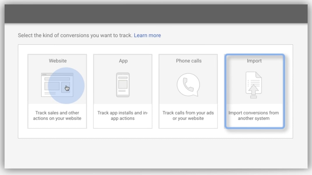 Google conversion import screen